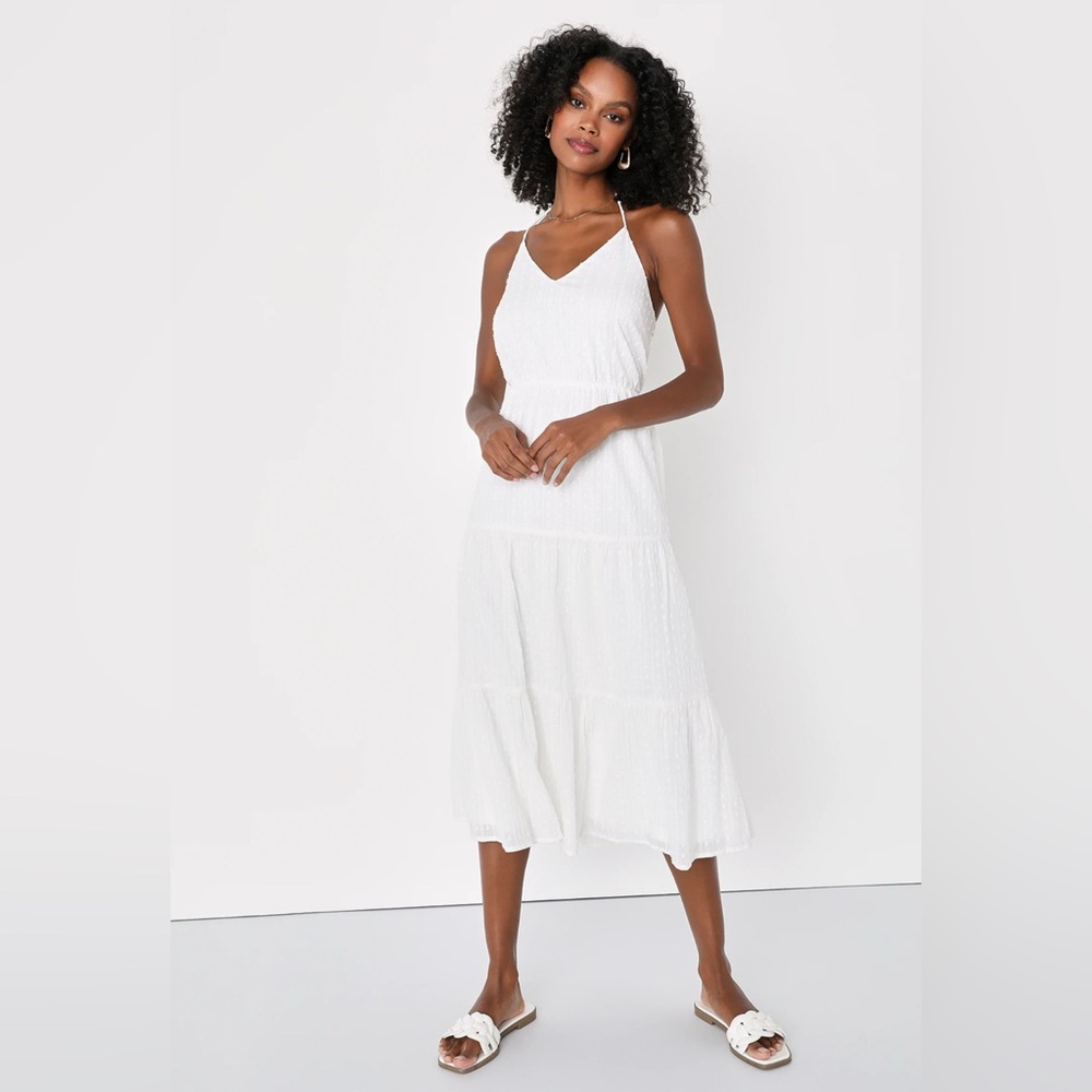 NWT Lulus - Sunny Reverie White Swiss Dot Lurex Halter Midi Dress